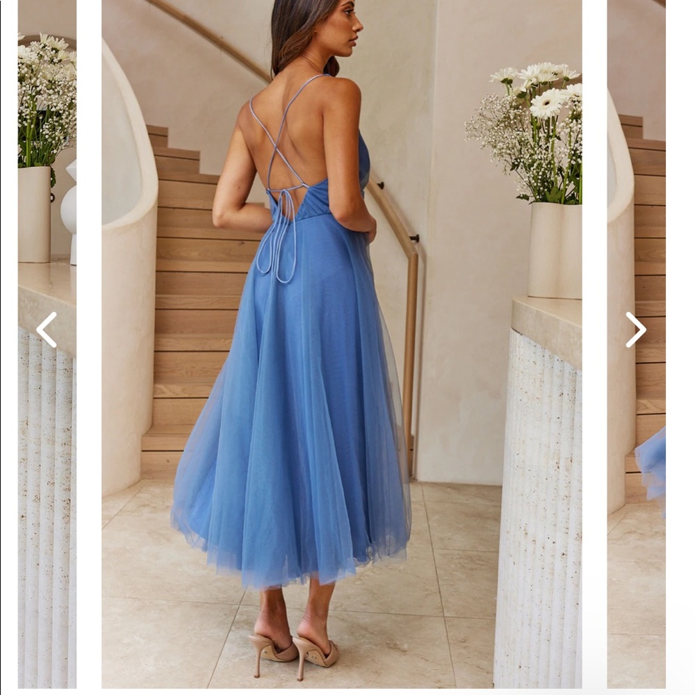 Floating By Plunging Neckline Mesh Overlay Midi Dress Steel Blue